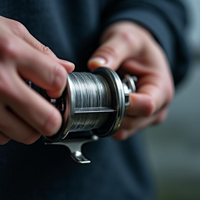 Close up of a hand replacing monofilament fishing line on a spinning reel