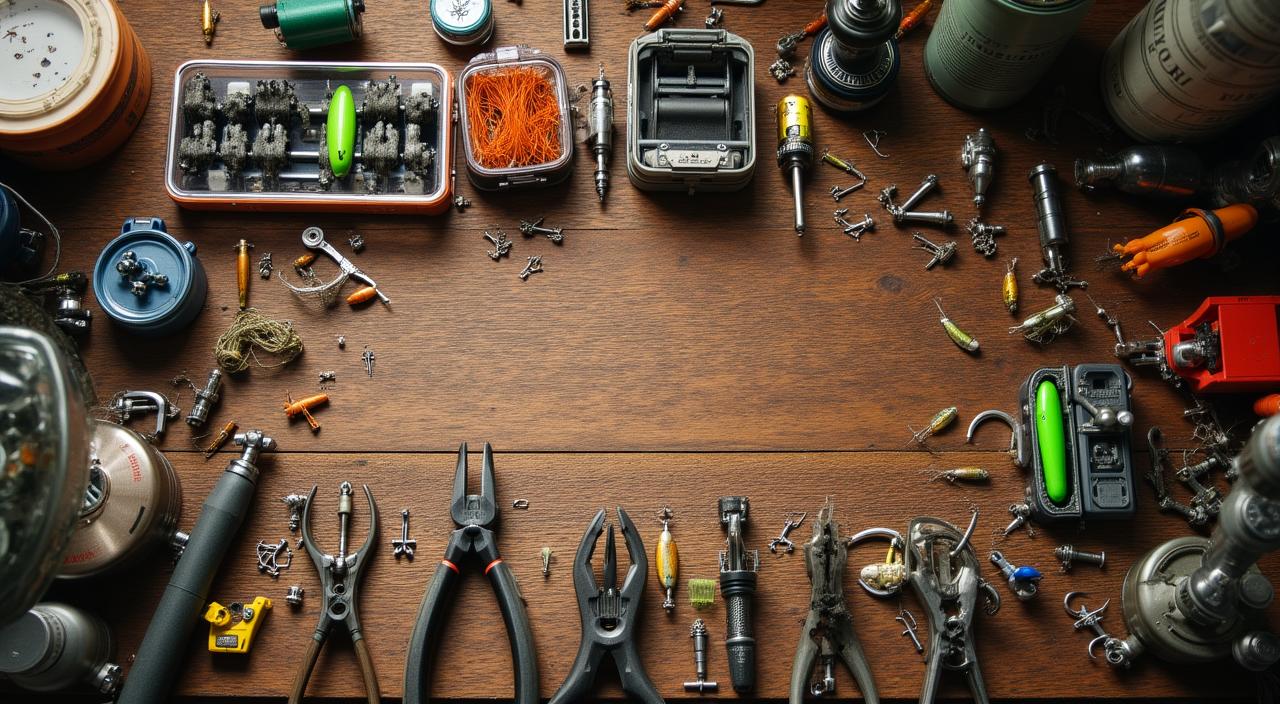 Angler organizing fishing tackle and lures at a wooden workbench