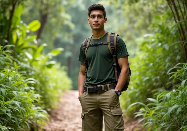 A hiker wearing breathable earth-toned outdoor gear in Singapore park